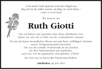 Traueranzeige von Ruth Giotti von Neustadt/ Scheinfeld/ Uffenheim