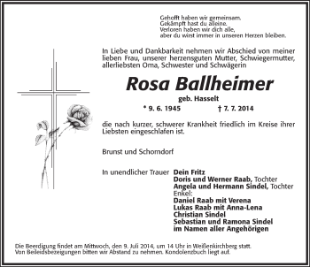 Traueranzeige von Rosa Ballheimer von Ansbach