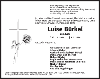 Traueranzeige von Luise Bürkel von Ansbach