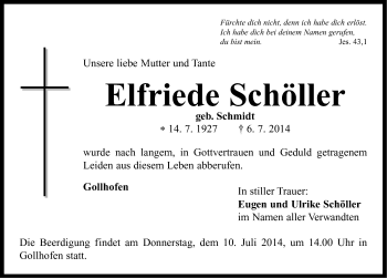 Traueranzeige von Elfriede Schöller von Neustadt/ Scheinfeld/ Uffenheim