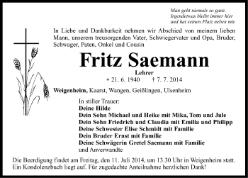 Traueranzeige von Fritz Saemann von Neustadt/ Scheinfeld/ Uffenheim