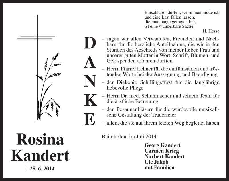  Traueranzeige für Rosina Kandert vom 11.07.2014 aus Dinkelsbühl/ Feuchtwangen