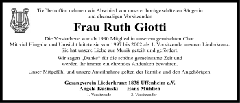 Traueranzeige von Ruth Giotti von Neustadt/ Scheinfeld/ Uffenheim