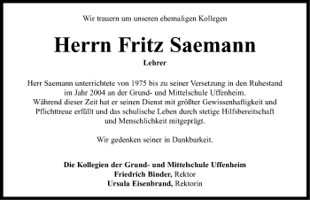 Traueranzeige von Fritz Saemann von Neustadt/ Scheinfeld/ Uffenheim