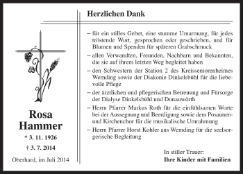 Traueranzeige von Rosa Hammer von Dinkelsbühl/ Feuchtwangen