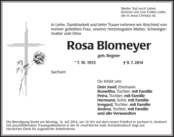 Traueranzeige von Rosa Blomeyer von Ansbach