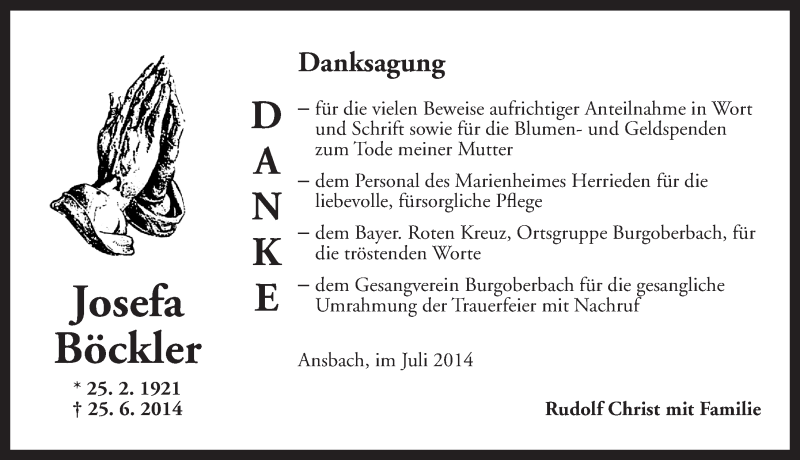  Traueranzeige für Josefa Böckler vom 12.07.2014 aus Ansbach