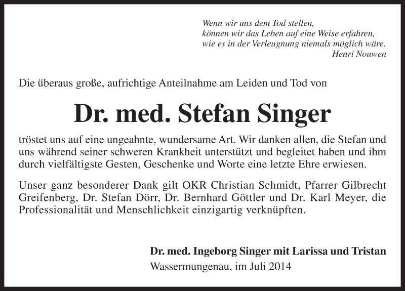  Traueranzeige für Stefan Singer vom 12.07.2014 aus Ansbach