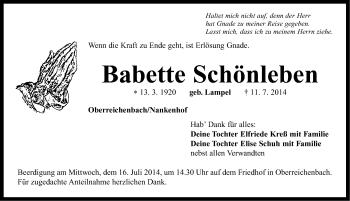 Traueranzeige von Babette Schönleben von Neustadt/ Scheinfeld/ Uffenheim