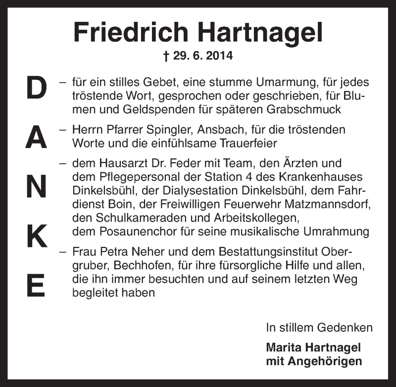  Traueranzeige für Friedrich Hartnagel vom 16.07.2014 aus Dinkelsbühl/ Feuchtwangen
