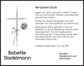 Traueranzeige von Babette Stadelmann von Ansbach