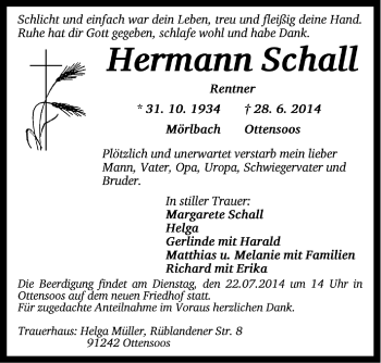 Traueranzeige von Hermann Schall von Neustadt/ Scheinfeld/ Uffenheim