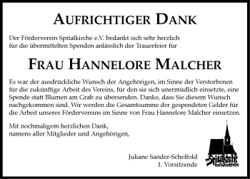 Traueranzeige von Hannelore Malcher von Neustadt/ Scheinfeld/ Uffenheim