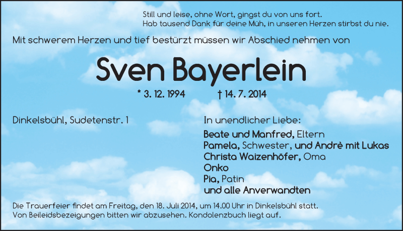  Traueranzeige für Sven Bayerlein vom 17.07.2014 aus Dinkelsbühl/ Feuchtwangen