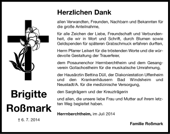 Traueranzeige von Brigitte Roßmark von Neustadt/ Scheinfeld/ Uffenheim