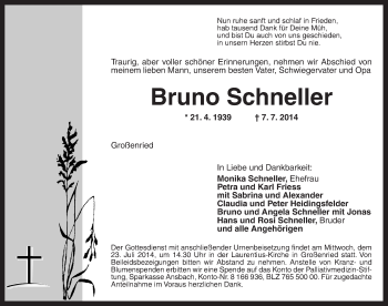 Traueranzeige von Bruno Schneller von Dinkelsbühl/ Feuchtwangen