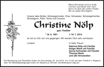 Traueranzeige von Christine Nölp von Ansbach