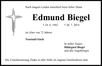 Traueranzeige von Edmund Biegel von Neustadt/ Scheinfeld/ Uffenheim