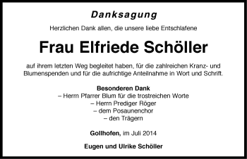 Traueranzeige von Elfriede Schöller von Neustadt/ Scheinfeld/ Uffenheim