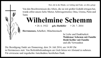 Traueranzeige von Wilhelmine Schemm von Neustadt/ Scheinfeld/ Uffenheim