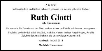 Traueranzeige von Ruth Giotti von Neustadt/ Scheinfeld/ Uffenheim