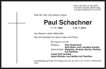 Traueranzeige von Paul Schachner von Dinkelsbühl/ Feuchtwangen