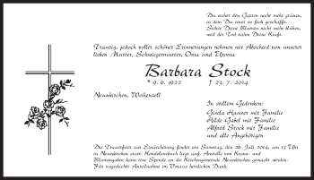 Traueranzeige von Barbara Stock von Ansbach