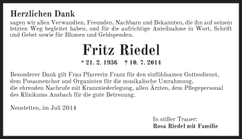 Traueranzeige von Fritz Riedel von Ansbach