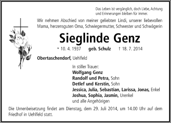 Traueranzeige von Sieglinde Genz von Neustadt/ Scheinfeld/ Uffenheim