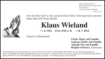 Traueranzeige von Klaus Wieland von Ansbach