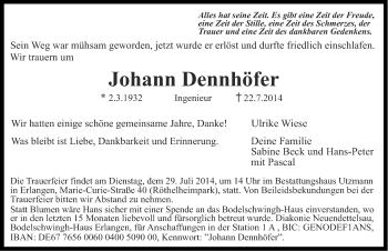 Traueranzeige von Johann Dennhöfer von Ansbach