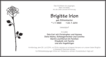 Traueranzeige von Brgitte Irion von Ansbach