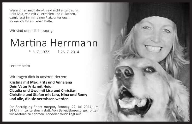  Traueranzeige für Martina Herrmann vom 26.07.2014 aus Dinkelsbühl/ Feuchtwangen