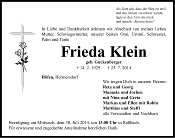 Traueranzeige von Frieda Klein von Neustadt/ Scheinfeld/ Uffenheim