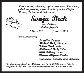 Traueranzeige von Sonja Beck von Ansbach