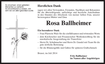 Traueranzeige von Rosa Ballheimer von Ansbach