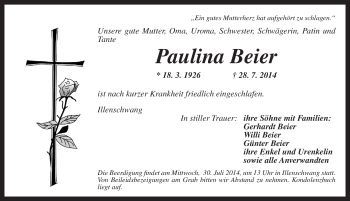 Traueranzeige von Paulina Beier von Dinkelsbühl/ Feuchtwangen