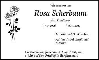 Traueranzeige von Rosa Scherbaum von Ansbach