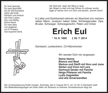 Traueranzeige von Erich Eul von Dinkelsbühl/ Feuchtwangen