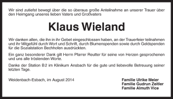 Traueranzeige von Klaus Wieland von Ansbach