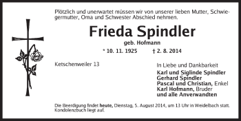 Traueranzeige von Frieda Spindler von Dinkelsbühl/ Feuchtwangen