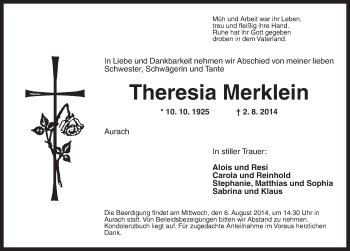 Traueranzeige von Theresia Merklein von Ansbach
