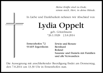 Traueranzeige von Lydia Oppelt von Neustadt/ Scheinfeld/ Uffenheim