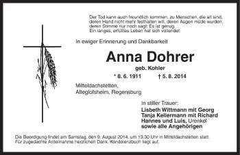 Traueranzeige von Anna Dohrer von Ansbach