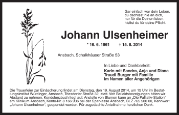 Traueranzeige von Johann Ulsenheimer von Ansbach