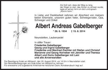 Traueranzeige von Albert Andreas Gabelberger von Ansbach