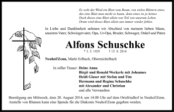 Traueranzeige von Alfons Schuschke von Neustadt/ Scheinfeld/ Uffenheim