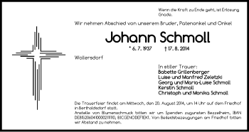 Traueranzeige von Johann Schmoll von Ansbach