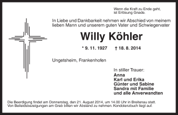 Traueranzeige von Willy Köhler von Dinkelsbühl/ Feuchtwangen