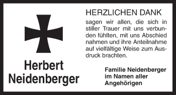 Traueranzeige von Herbert Neidenberger von Dinkelsbühl/ Feuchtwangen